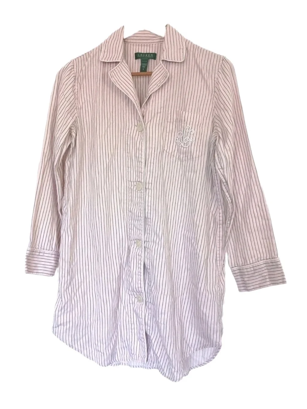 Lauren Ralph Lauren 100% Cotton Pink and White Striped Button-Down Sleep Shirt
